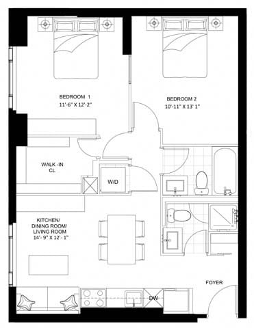 Floor plan for 1 bed, 2 baths, 758 sqft
